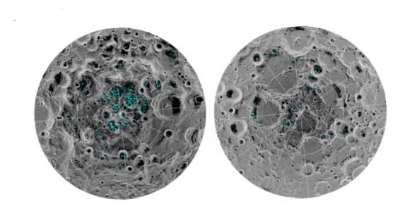 ​▲ 2018년 발견한 달의 남극(왼쪽)과 북극(오른쪽)의 얼음 분포 사진. 얼음은 충돌구 그림자의 가장 어둡고 추운 곳에 집중돼 있다. [사진 출처=NASA] 