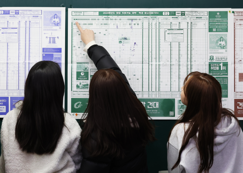 [출처=연합뉴스/ 대학 지원 참고표 보는 고3 학생들]